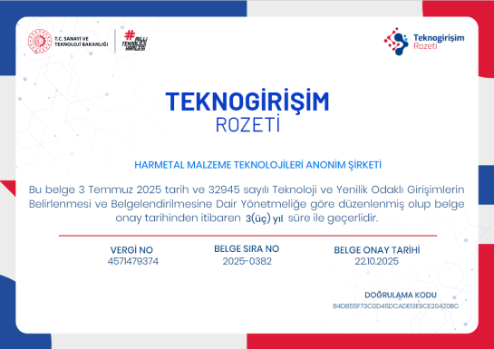 Harmetal Malzeme Teknolojileri A.Ş.'ye Sanayi ve Teknoloji Bakanlığı’ndan Ödül